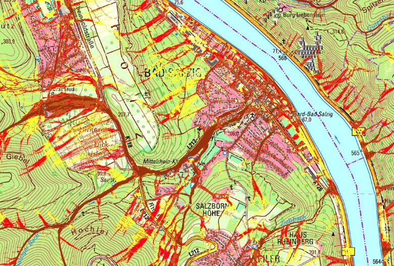 Auszug aus der Sturzflutkarte des Ministeriums für Klimaschutz, Umwelt, Energie und Mobilität. Darstellung eines extremen Starkregenereignisses mit dem Starkregenindex 10 in Bad Salzig, Dauer vier Stunden, ohne Maßstab. 