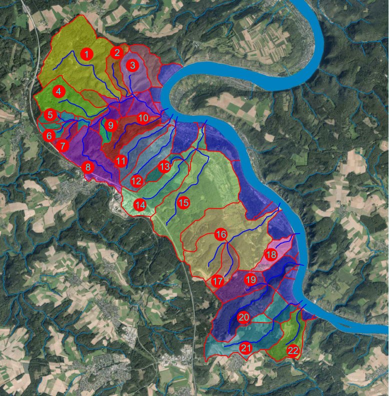 Überblick der Gewässer in Boppard: Steinigbachtal (1), Schlaninger Bach (2), Reidelswäldchesgraben (3), Thomastalbach (4), Teufelsbach (5), Hainbuchendellenbach (6), Schuertelsbach (7), Mühltalbach (8), Mistlochsgraben (9), Kalmuttalbach (10), Burdenbach (11), Fraubach (12), Josephinentalbach (13), Bruder-Michels-Bach (14), Mittelbach, in Teilen Buchenauer Bach (15), Salziger Bach (16), Nächstentalbach (17), Ziehbach (18, nicht im Untersuchungsgebiet), Ebersbach (19, nicht im Untersuchungsgebiet), Weilerbach (20, nicht im Untersuchungsgebiet), Patelsbach (21), Tempusbach (22). 