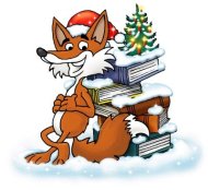 Weihnachtliches Logo Findus Mediensuche : versinnbildlicht durch einen Fuchs, der an einem Stapel Bücher gelehnt steht und mit weihnachtlichen Accessoires ausgestattet ist