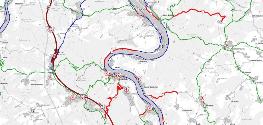 Die offizielle, ausgeschilderte Umleitung führt über die Landesstraße (L) 210, die L 214 und die B 327 (Boppard - Buchholz - Pfaffenheck - Waldesch - Koblenz) und umgekehrt. Die L 207 (Boppard - Pfaffenheck) sowie die L 208 (Waldesch - Rhens) sind ebenfalls befahrbar.